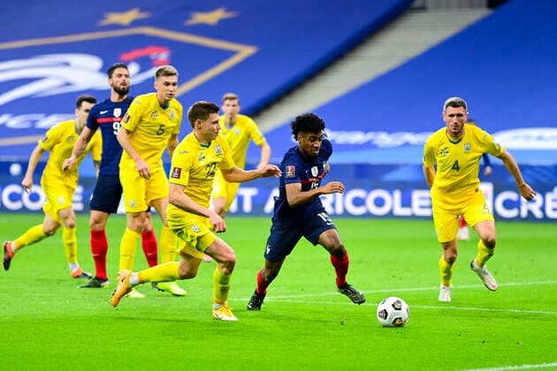 Kingsley Coman (France) vs Mykola Matviyenko (Ukraine) FOOTBALL : France vs Ukraine - Eliminatoires coupe du Monde 2022 - 24 03 2021 JBAutissier Panoramic 