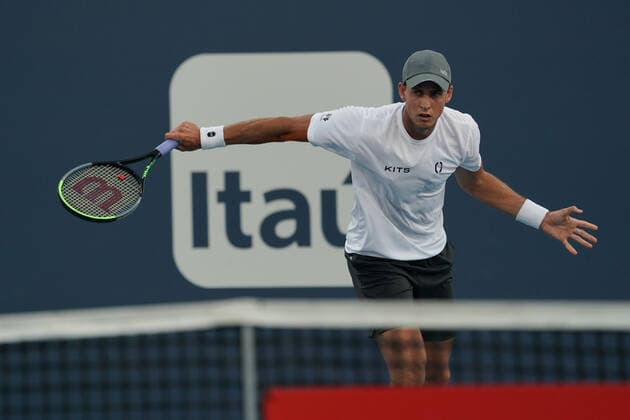 MIAMI GARDENS, FL - MARCH 24: Vasek Pospisil (CAN) during the first round match of the Miami Open on March 24, 2021, at Hard Rock Stadium in Miami Gardens, Florida. (Photo by Michele Sandberg Icon Sportswire) TENNIS: MAR 24 Miami Open Icon2103240272