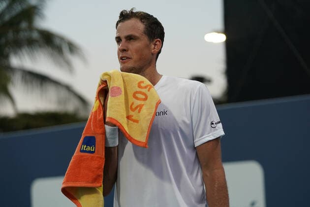 MIAMI GARDENS, FL - MARCH 24: Vasek Pospisil (CAN) during the first round match of the Miami Open on March 24, 2021, at Hard Rock Stadium in Miami Gardens, Florida. (Photo by Michele Sandberg Icon Sportswire) TENNIS: MAR 24 Miami Open Icon2103240276