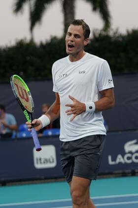 MIAMI GARDENS, FL - MARCH 24: Vasek Pospisil (CAN) reacts during the first round match of the Miami Open on March 24, 2021, at Hard Rock Stadium in Miami Gardens, Florida. (Photo by Michele Sandberg Icon Sportswire) TENNIS: MAR 24 Miami Open Icon2103240283
