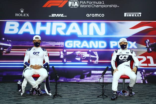 F1 Grand Prix of Bahrain 10 Pierre Gasly (FRA, Scuderia AlphaTauri Honda), 22 Yuki Tsunoda (JPN, Scuderia AlphaTauri Honda), F1 Grand Prix of Bahrain at Bahrain International Circuit on March 25, 2021 in Sakhir, Bahrain. (Photo by Dan Istitene Formula 1 Getty Images FIA Pool via HOCH ZWEI) Sakhir Bahrain International Circuit Bahrain Poolfoto HOCH ZWEI Pool Formula 1 via Get ,EDITORIAL USE ONLY