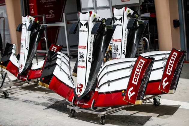 Alfa Romeo Racing ORLEN C41, mechanical detail of front wings during Formula 1 Gulf Air Bahrain Grand Prix 2021 from March 26 to 28, 2021 on the Bahrain International Circuit, in Sakhir, Bahrain - Photo Florent Gooden DPPI LiveMedia Editorial Usage Only  Copyright: xLiveMedia DPPI FlorentxGoodenx xIPAx