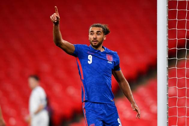 London, England, March 25th 2021: Dominic Calvert-Lewin (England 9) celebrates a goal during the World Cup 2022 Qualification match between England and San Marino at Wembley Stadium in London, England. 2022 World Cup Qualifiers - England V San Marino 