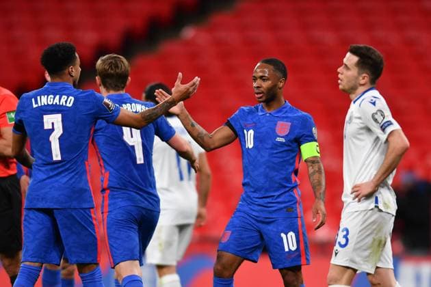 London, England, March 25th 2021: Raheem Sterling (England 10) celebrates his goal with his teammates during the World Cup 2022 Qualification match between England and San Marino at Wembley Stadium in London, England. 2022 World Cup Qualifiers - England V San Marino 