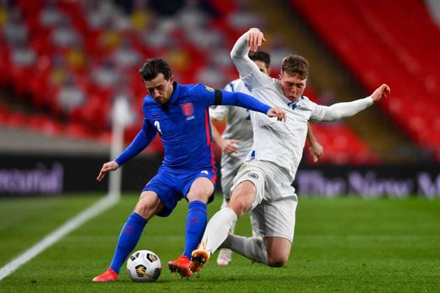 London, England, March 25th 2021: Nanni Nicola (San Marino 19) battle for the ball and tackles Ben Chilwell (England 3) during the World Cup 2022 Qualification match between England and San Marino at Wembley Stadium in London, England. 2022 World Cup Qualifiers - England V San Marino 