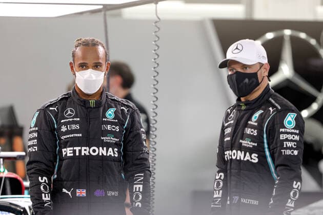 HAMILTON Lewis (gbr), Mercedes AMG F1 GP W12 E Performance, portrait , BOTTAS Valtteri (fin), Mercedes AMG F1 GP W12 E Performance, portrait during Formula 1 Gulf Air Bahrain Grand Prix 2021 from March 26 to 28, 2021 on the Bahrain International Circuit, in Sakhir, Bahrain FORMULE 1 : Grand prix du Bahrein - Sakhir - Preparation - 25 03 2021 DPPI Panoramic 