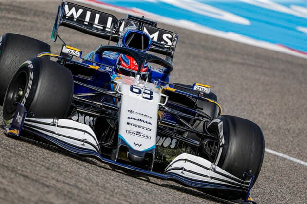 63 RUSSELL George (gbr), Williams Racing F1 FW43B, action during Formula 1 Gulf Air Bahrain Grand Prix 2021 from March 26 to 28, 2021 on the Bahrain International Circuit, in Sakhir, Bahrain - Photo FrŽdŽric Le Floc?h DPPI FORMULE 1 : Grand prix du Bahrein - Sakhir - 26 03 2021 DPPI Panoramic 