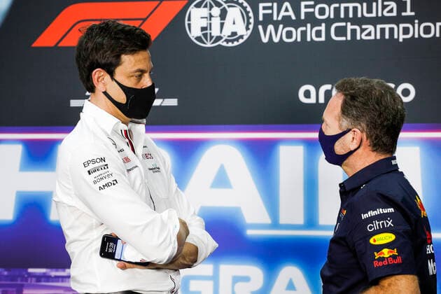 F1 Grand Prix of Bahrain Toto Wolff (AUT, Mercedes-AMG Petronas F1 Team), Christian Horner (GBR, Red Bull Racing), F1 Grand Prix of Bahrain at Bahrain International Circuit on March 26, 2021 in Sakhir, Bahrain. (Photo by Frederic Le Floc h DPPI FIA Pool via HOCH ZWEI) Sakhir Bahrain Poolfoto HOCH ZWEI Pool FrÃ dÃ ric Le Flo ,EDITORIAL USE ONLY