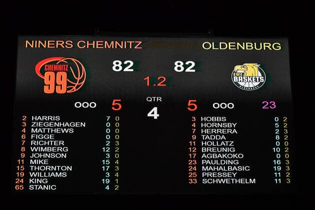 Chemnitz, Germany 26 March 2021 BBL 2020 2021 Niners Chemnitz vs EWE Baskets Oldenburg score 82 82 after the end of the official season Fair Chemnitz Saxony Copyright: xFotostandx xDostmannx