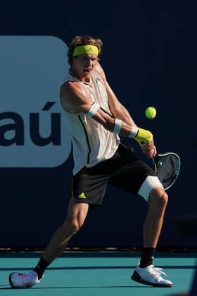 MIAMI GARDENS, FL - MARCH 26: Alexander Zverev (GER) hits a backhand during the second round match of the Miami Open on March 26, 2021, at Hard Rock Stadium in Miami Gardens, Florida. (Photo by Michele Eve Sandberg Icon Sportswire) TENNIS: MAR 26 Miami Open Icon2103260454