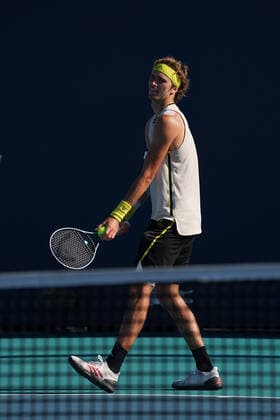 MIAMI GARDENS, FL - MARCH 26: Alexander Zverev (GER) serves during the second round match of the Miami Open on March 26, 2021, at Hard Rock Stadium in Miami Gardens, Florida. (Photo by Michele Eve Sandberg Icon Sportswire) TENNIS: MAR 26 Miami Open Icon2103260455