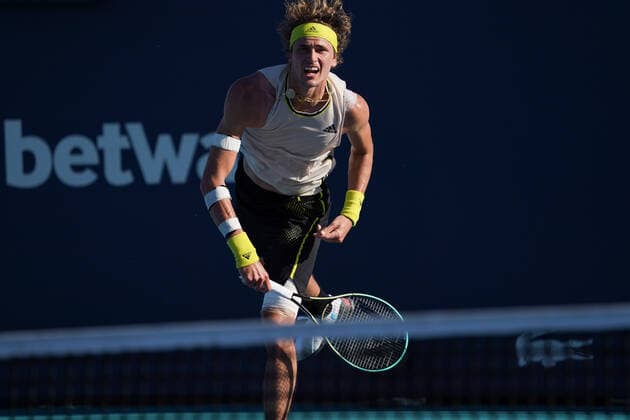 MIAMI GARDENS, FL - MARCH 26: Alexander Zverev (GER) serves during the second round match of the Miami Open on March 26, 2021, at Hard Rock Stadium in Miami Gardens, Florida. (Photo by Michele Eve Sandberg Icon Sportswire) TENNIS: MAR 26 Miami Open Icon2103260475