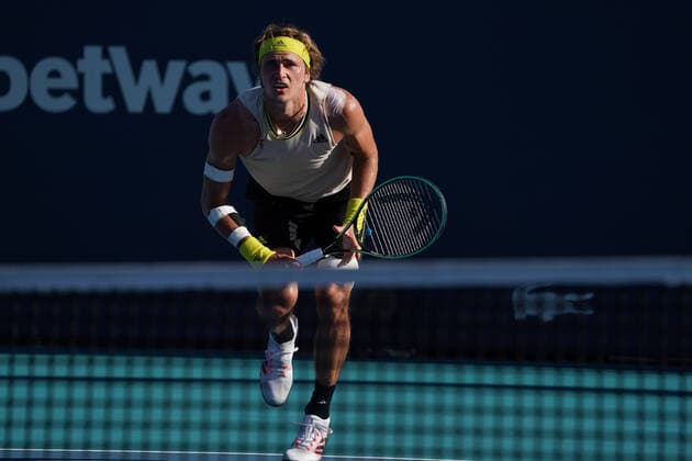 MIAMI GARDENS, FL - MARCH 26: Alexander Zverev (GER) during the second round match of the Miami Open on March 26, 2021, at Hard Rock Stadium in Miami Gardens, Florida. (Photo by Michele Eve Sandberg Icon Sportswire) TENNIS: MAR 26 Miami Open Icon2103260476