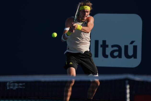 MIAMI GARDENS, FL - MARCH 26: Alexander Zverev (GER) hits a backhand during the second round match of the Miami Open on March 26, 2021, at Hard Rock Stadium in Miami Gardens, Florida. (Photo by Michele Eve Sandberg Icon Sportswire) TENNIS: MAR 26 Miami Open Icon2103260477