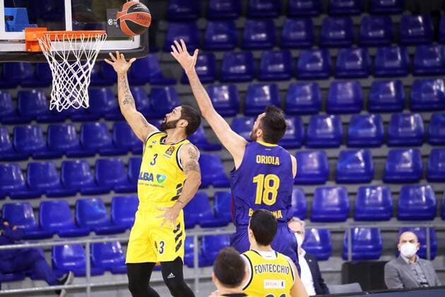 March 26, 2021, Barcelona, Catalonia, Spain Peyton Siva and Pierre Oriola during the match betweeen FC Barcelona and Alba Berlin, corresponding to the week 31 of the Euroleague, played at the Palau Blaugrana Photo JGS Cordon Press Cordon Press  xx xx