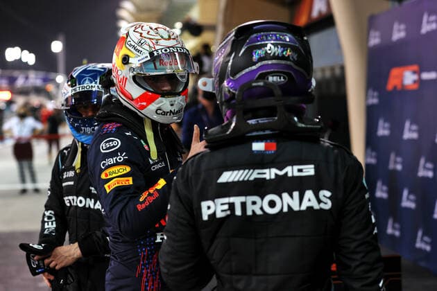 F1 Grand Prix of Bahrain 33 Max Verstappen (NED, Red Bull Racing), 44 Lewis Hamilton (GBR, Mercedes-AMG Petronas F1 Team), F1 Grand Prix of Bahrain at Bahrain International Circuit on March 27, 2021 in Sakhir, Bahrain. (Photo by xpbimages.com XPB Images FIA Pool via HOCH ZWEI) Sakhir Bahrain Poolfoto HOCH ZWEI Pool XPB Images ,EDITORIAL USE ONLY