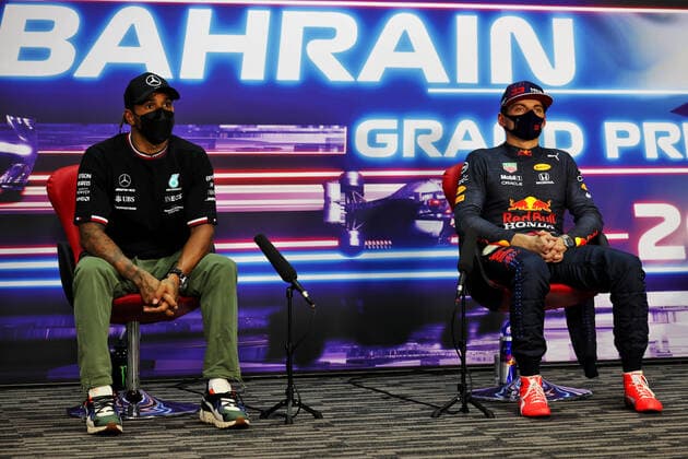 F1 Grand Prix of Bahrain 44 Lewis Hamilton (GBR, Mercedes-AMG Petronas F1 Team), 33 Max Verstappen (NED, Red Bull Racing), F1 Grand Prix of Bahrain at Bahrain International Circuit on March 27, 2021 in Sakhir, Bahrain. (Photo by xpbimages.com XPB Images FIA Pool via HOCH ZWEI) Sakhir Bahrain Poolfoto HOCH ZWEI Pool XPB Images ,EDITORIAL USE ONLY