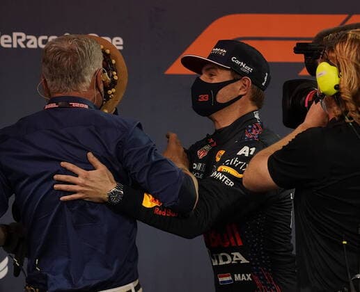 Formula 1 Gulf Air Bahrain Grand Prix 2021 27 03 2021, Bahrain International Circuit, Sakhir, Formula 1 Gulf Air Bahrain Grand Prix 2021 ,in picture Max Verstappen NEL 33 , Red Bull Racing Honda presents David Coulthard with a cake for his 50th birthday and throws it in his face nordphotoxGmbHx xBratic nph00250