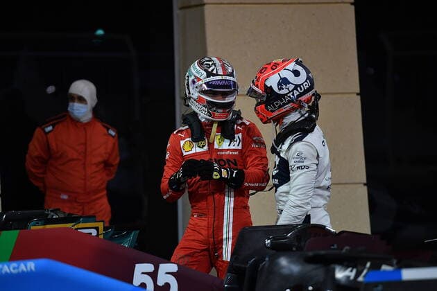 Formula 1 Gulf Air Bahrain Grand Prix 2021 27 03 2021, Bahrain International Circuit, Sakhir, Formula 1 Gulf Air Bahrain Grand Prix 2021 ,in the picture Charles Leclerc MCO 16 , Scuderia Ferrari Mission Winnow and Pierre Gasly FRA 10 , Scuderia AlphaTauri Honda in the parc ferme nordphotoxGmbHx xBratic nph00250