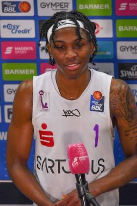 GER, Basketball, RASTA Vechta vs BG Göttingen 27 03 2021, RASTA Dome, Vechta, GER, easy Credit BBL, RASTA Vechta vs BG Göttingen, in picture had good laugh at Magenta Sport after game with 23 points best thrower Deishuan BOOKER BG Göttingen 1 nordphotoxRojahn nph00310