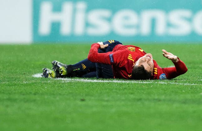MARIBOR, SLOVENIA - MARCH 27: Jorge Cuenca of Spain injured during the 2021 UEFA European Under-21 Championship Group B match between Spain and Italy at Stadion Ljudski vrt on March 27, 2021 in Maribor, Slovenia. (Photo by Vid Ponikvar Sportida) SPO, SOC, FOI  Copyright: xSportida