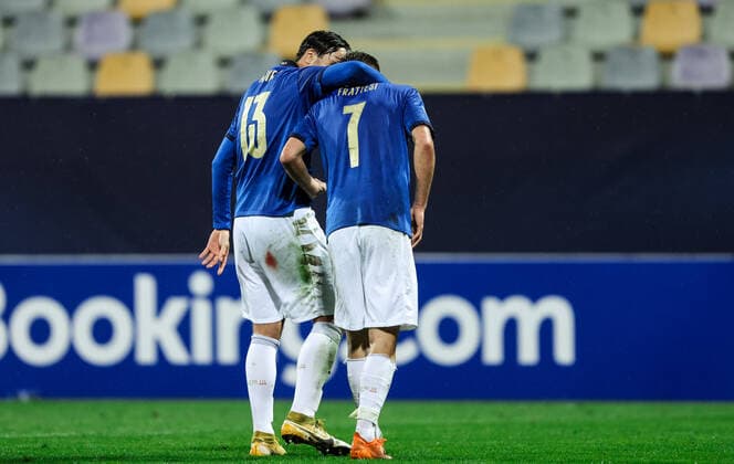 MARIBOR, SLOVENIA - MARCH 27: Players of Italy celebrate after the 2021 UEFA European Under-21 Championship Group B match between Spain and Italy at Stadion Ljudski vrt on March 27, 2021 in Maribor, Slovenia. (Photo by Vid Ponikvar Sportida) SPO, SOC, FOI  Copyright: xSportida