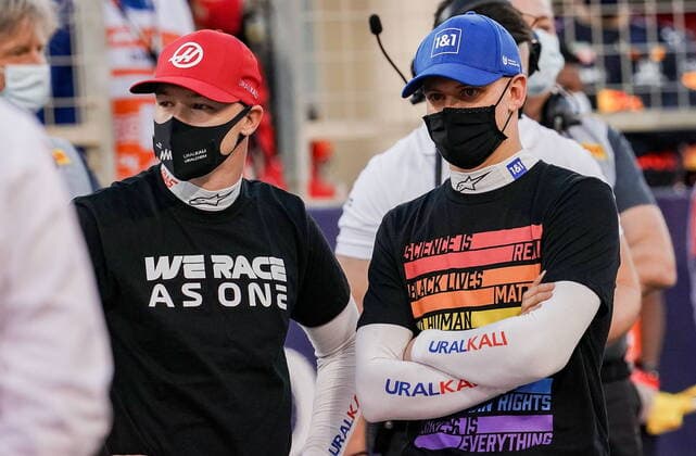 Formula 1 Gulf Air Bahrain Grand Prix 2021 28 03 2021, Bahrain International Circuit, Sakhir, Formula 1 Gulf Air Bahrain Grand Prix 2021 ,in the picture Nikita Mazepin RUS 9 , Haas F1 Team, Mick Schumacher DEU 47 , Haas F1 Team with Â nordphotoxGmbHx xBratic nph00250