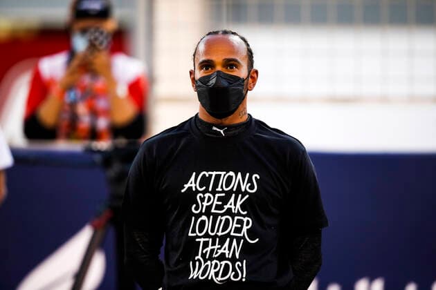 HAMILTON Lewis (gbr), Mercedes AMG F1 GP W12 E Performance, portrait during Formula 1 Gulf Air Bahrain Grand Prix 2021 from March 26 to 28, 2021 on the Bahrain International Circuit, in Sakhir, Bahrain - Photo Florent Gooden DPPI FORMULE 1 : Grand prix du Bahrein - Sakhir - Course - 28 03 2021 DPPI Panoramic 