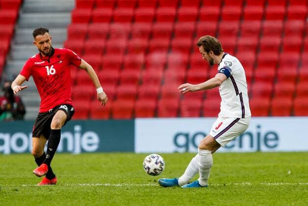 Mandatory Credit: Photo by Nikola Krstic BPI Shutterstock (11832717t) Harry Kane of England and Sokol Cikalleshi of Albania Albania v England, FIFA World Cup, WM, Weltmeisterschaft, Fussball Qualifying Group I, Football, Arena Kombetare, Tirana, Albania - 28 Mar 2021 Albania v England, FIFA World Cup Qualifying Group I, Football, Arena Kombetare, Tirana, Albania - 28 Mar 2021  Copyright: xNikolaxKrstic BPI Shutterstockx 11832717t
