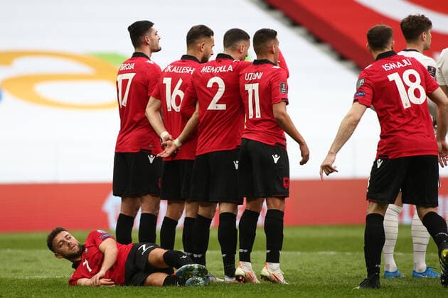 Albania v England 2022 FIFA World Cup, WM, Weltmeisterschaft, Fussball Qualifiers Keidi Bare of Albania lies on the floor behind the wall during the 2022 FIFA World Cup Qualifiers match at the Air Albania Stadium, Tirana Content Not Available For UK Newspapers Copyright: xFocusxImagesx FIL-15360-0024
