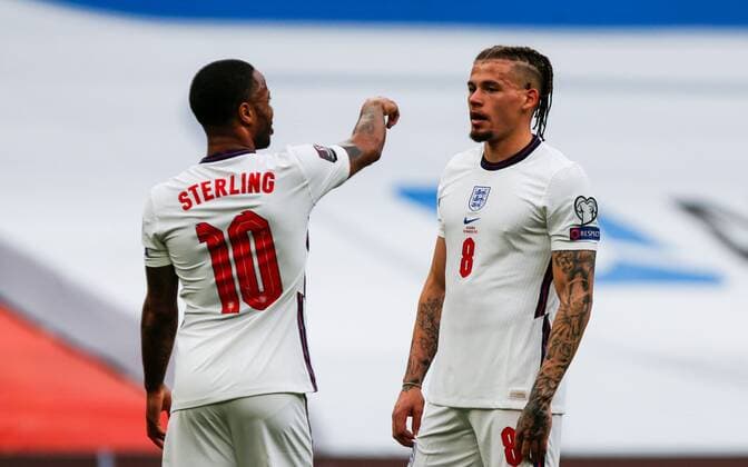 Mandatory Credit: Photo by Nikola Krstic BPI Shutterstock (11832717cg) Raheem Sterling of England and Kalvin Phillips of England Albania v England, FIFA World Cup, WM, Weltmeisterschaft, Fussball Qualifying Group I, Football, Arena Kombetare, Tirana, Albania - 28 Mar 2021 Albania v England, FIFA World Cup Qualifying Group I, Football, Arena Kombetare, Tirana, Albania - 28 Mar 2021  Copyright: xNikolaxKrstic BPI Shutterstockx 11832717cg