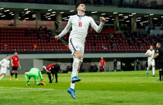 Mandatory Credit: Photo by Nikola Krstic BPI Shutterstock (11832717dd) Mason Mount of England scores and celebrates 0-1 Albania v England, FIFA World Cup, WM, Weltmeisterschaft, Fussball Qualifying Group I, Football, Arena Kombetare, Tirana, Albania - 28 Mar 2021 Albania v England, FIFA World Cup Qualifying Group I, Football, Arena Kombetare, Tirana, Albania - 28 Mar 2021  Copyright: xNikolaxKrstic BPI Shutterstockx 11832717dd