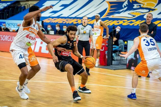 Ketih Writht, Brad Loesing, Rostock Seawolves vs Panthers Schwenningen, Basketball, PRO A, 28 03 2021 Rostock Seawolves vs Panthers Schwenningen, Basketball, PRO A, 28 03 2021 Rostock. Copyright: xEibner-Pressefotox EP_GRW