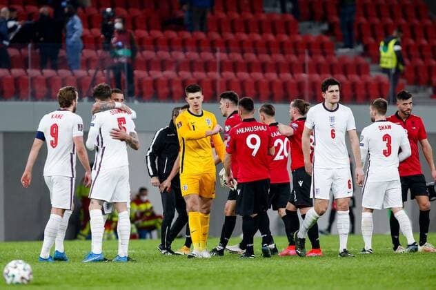 Mandatory Credit: Photo by Nikola Krstic BPI Shutterstock (11832717ej) Both sets of players at full time Albania v England, FIFA World Cup, WM, Weltmeisterschaft, Fussball Qualifying Group I, Football, Arena Kombetare, Tirana, Albania - 28 Mar 2021 Albania v England, FIFA World Cup Qualifying Group I, Football, Arena Kombetare, Tirana, Albania - 28 Mar 2021 Copyright: xNikolaxKrstic BPI Shutterstockx 11832717ej