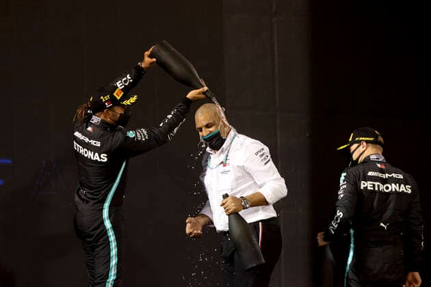 44 Lewis Hamilton GBR, Mercedes AMG Petronas F1 Team , Russell Braithwaite Mercedes AMG Petronas F1 Team , 77 Valtteri Bottas FIN, Mercedes AMG Petronas F1 Team , F1 Grand Prix of Bahrain at Bahrain International Circuit on March 28, 2021 in Sakhir, Bahrain Photo by HOCH ZWEI Sakhir Bahrain