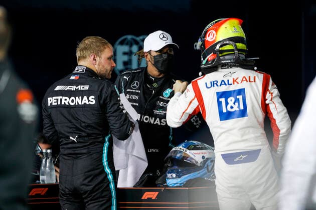 77 Valtteri Bottas FIN, Mercedes AMG Petronas F1 Team , 44 Lewis Hamilton GBR, Mercedes AMG Petronas F1 Team , 47 Mick Schumacher GER, Haas F1 Team , F1 Grand Prix of Bahrain at Bahrain International Circuit on March 28, 2021 in Sakhir, Bahrain Photo by HOCH ZWEI Sakhir Bahrain