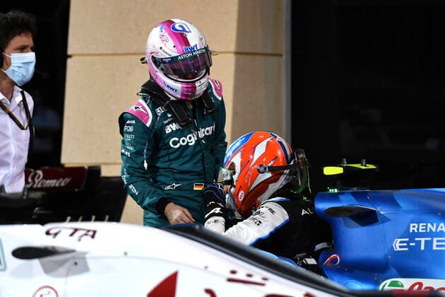 VETTEL Sebastian Aston Martin F1 Team after the race with OCON Esteban of Alpine FIA Formula 1 season 2021 in Bahrain 3 day race On 28 03 2021 Bahrain International Circuit As Sachir
