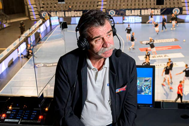 Stuttgart, Germany 28 March 2021 HBL 20 21 TVB 1898 Stuttgart vs SC Magdeburg Sky Expert Heiner Brand Stuttgart Porsche Arena Baden Württemberg Germany