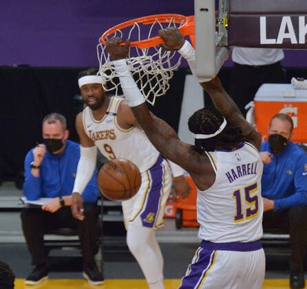 Basketball, NBA, Los Angeles Lakers - Orlando Magic Los Angeles Lakers center Montreal Harrell jams for two points against the Orlando Magic during the first half at Staples Center in Los Angeles on Sunday, March 28, 2021. The Lakers defeated the Magic 96-93.  LAP2021032810 JIMxRUYMEN
