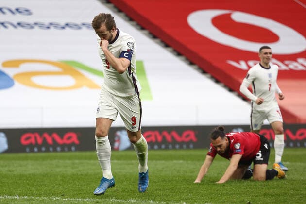 TIRANA, ALBANIA - MARCH 28: Harry Kane celebrates after opening the scoring for England during the FIFA World Cup, WM, Weltmeisterschaft, Fussball 2022 Qatar qualifying match between Albania and England at the Qemal Stafa Stadium on March 28, 2021 in Tirana, Albania. Sporting stadiums around Europe remain under strict restrictions due to the Coronavirus Pandemic as Government social distancing laws prohibit fans inside venues resulting in games being played behind closed doors SPO, SOC, FOI 