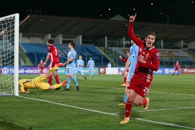 Roland Sallai of Hungary celebrates after scoring to give the side a 2-0 lead during the FIFA World Cup, WM, Weltmeisterschaft, Fussball qualifiers match at San Marino Stadium, Serravalle. Picture date: 28th March 2021. Picture credit should read: Jonathan Moscrop Sportimage EDITORIAL USE ONLY. No use with unauthorised audio, video, data, fixture lists, club league logos or live services. Online in-match use limited to 120 images, no video emulation. No use in betting, games or single club league player publications. SPI-0973-0059