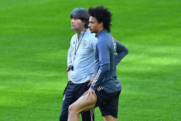 Final training German national football team on 30 03 2021 at the Merkur Spiel Arena in Düsseldorf Joachim Jogi Löw national coach , left Leroy Sane Germany , right DFB regulations prohibit any use of photographs as image sequences and or quasi video xRx