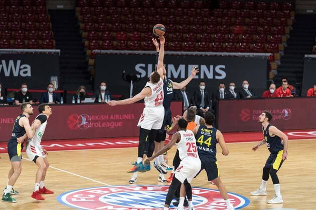 Basketball, Euroleague, day0 03 2021, FC Bayern Munich Fenerbahce Istanbul In the picture Leon RADOSEVIC FC Bayern Munich, 43 and Jan VESELY Fenerbache Instanbul, 24 Tip Off Munich Audi Dome Bayern Germany. Copyright: Passion2Press.dex xMarkusxFischerx