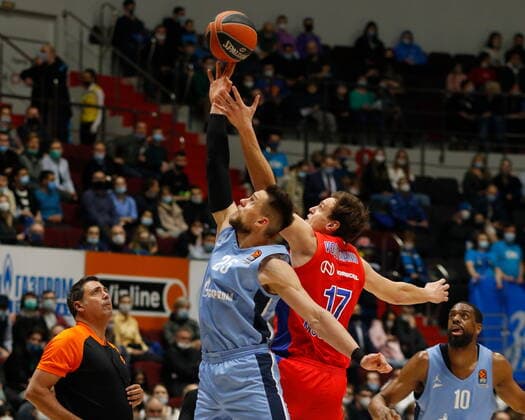 Saint Petersburg, Russia - 30 March 2021: Mateusz Ponitka (25), of Zenit and Johannes Voigtmann (17) of CSKA are seen in action during the 2020 2021 Turkish Airlines EuroLeague Regular Season Round 32, match between BC CSKA Moscow and Zenit St. Petersburg. MaksimxKonstantinov
