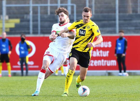 Saturday 29 03 2021, season 2020 21, 32 matchday of Regionalliga West at Paul Janes Stadion, Fortuna Düsseldorf U23 BVB 09 Borussia Dortmund II, Lex Tyger Lobinger F95 vs Franz Pfanne BVB II , v l