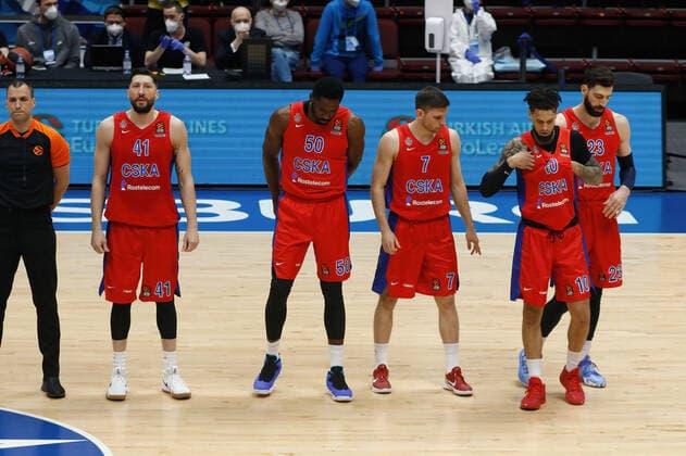 March 30, 2021, St. Petersburg, Russia: Nikita Kurbaniv (41), Michael Eric (50), Daniel Hackett (10) of CSKA are seen in action during the 2020 2021 Turkish Airlines EuroLeague Regular Season Round 32, match between BC CSKA Moscow and Zenit St. Petersburg at the Sibur Arena. St. Petersburg Russia - ZUMAs197 20210330_zaa_s197_163 Copyright: xMaksimxKonstantinovx