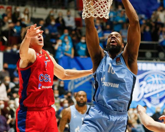 March 30, 2021, St. Petersburg, Russia: Will Thomas (10), of Zenit and Ivan Ukhov (7) of CSKA are seen in action during the 2020 2021 Turkish Airlines EuroLeague Regular Season Round 32, match between BC CSKA Moscow and Zenit St. Petersburg at the Sibur Arena. St. Petersburg Russia - ZUMAs197 20210330_zaa_s197_171 Copyright: xMaksimxKonstantinovx