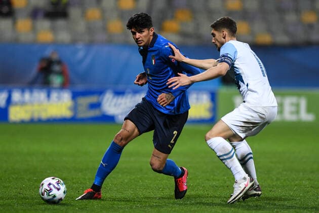 March 30, 2021, Maribor, Slovenia: Raoul Bellanova of Italy and Zan Celar of Slovenia are seen in action during the 2021 UEFA European Under-21 Championship Group B match between Italy and Slovenia at Stadion Ljudski vrt. Maribor Slovenia - ZUMAs197 20210330_zaa_s197_265 Copyright: xMilosxVujinovicx