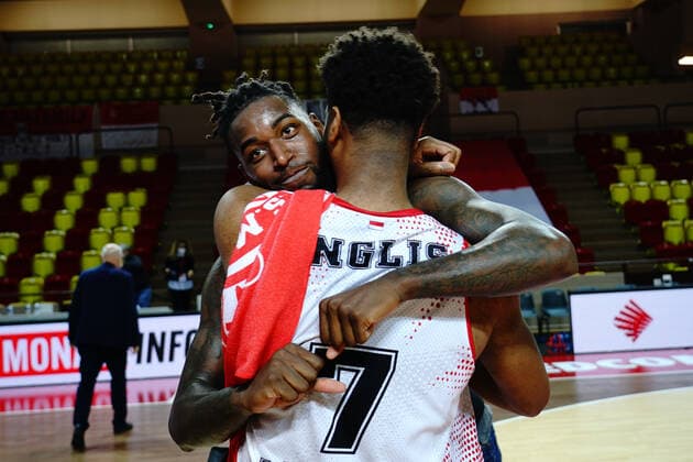Joie - Mathias Lessort (AS Monaco) - Damien Inglis (AS Monaco) BASKETBALL : Monaco vs FK Buducnost Podgorica - Eurocoupe - Monaco - 31 03 2021 NorbertScanella PanoramiC 