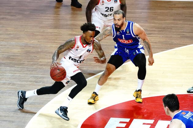 Dee Bost (AS Monaco) - Justin Cobbs (Buducnost Podgorica) BASKETBALL : Monaco vs FK Buducnost Podgorica - Eurocoupe - Monaco - 31 03 2021 NorbertScanella PanoramiC 
